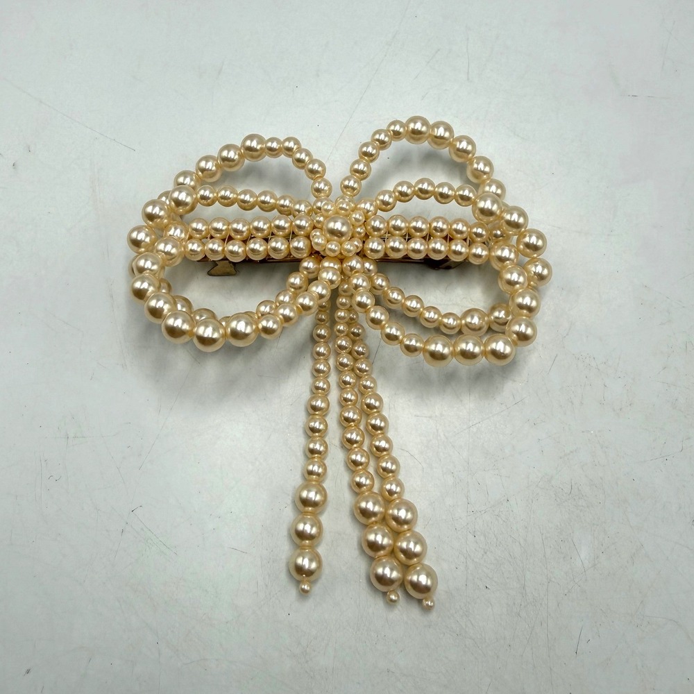 Vintage Faux Pearl Bow Hair Barrette Gold Tone Cream Beaded Ribbon Clip 4"